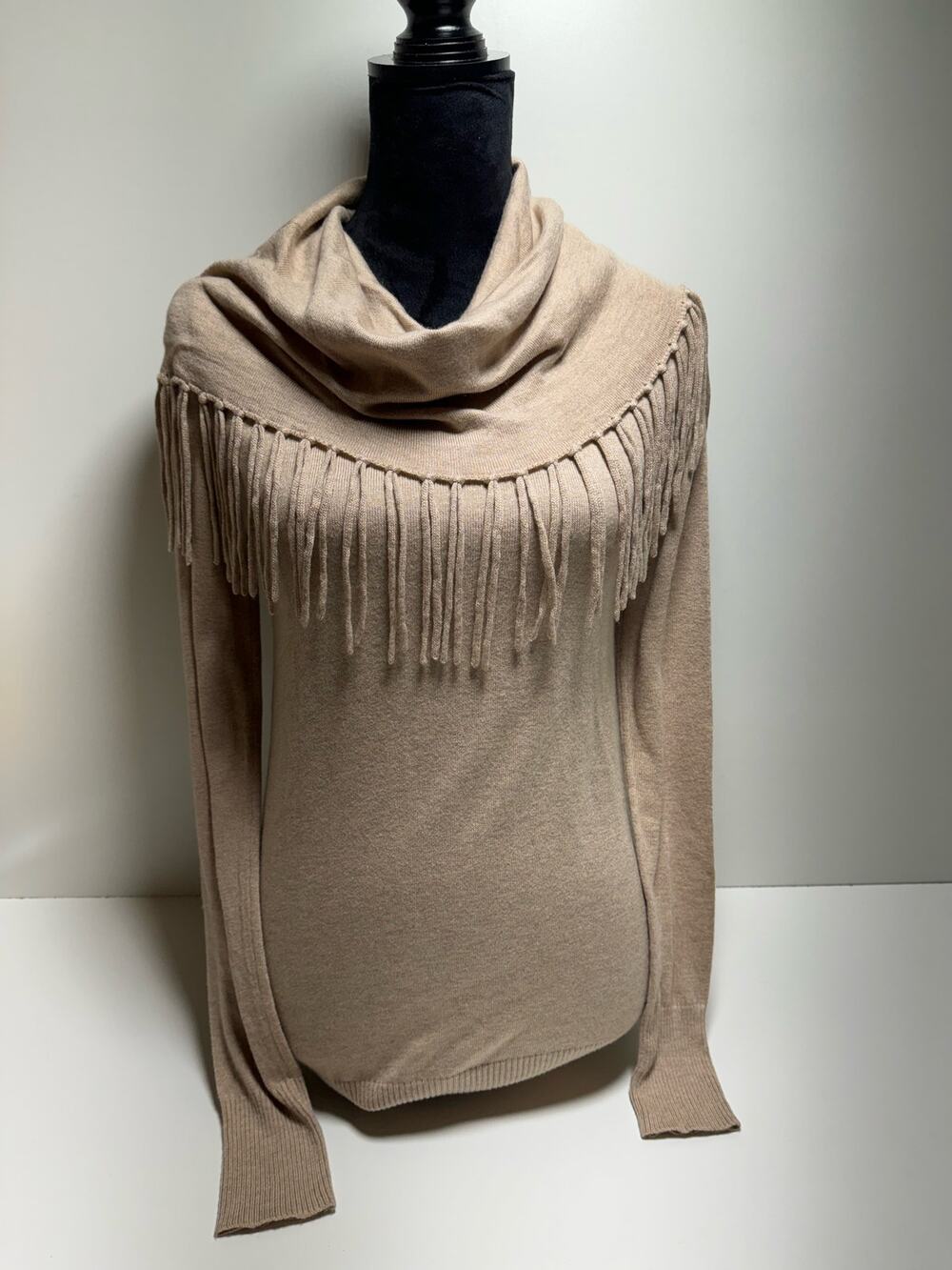 Chelsea & Theodore Long Sleeve Fringe Cowl Neck Sweater Beige Size Small